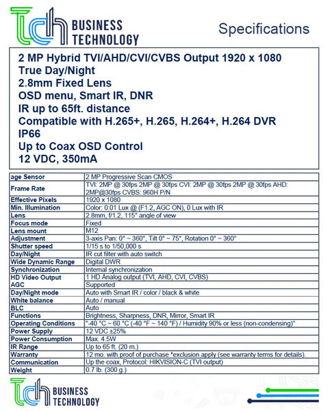 Cámara de Vigilancia Acegear CDTHD2800EZSFWH 2MP TVI/AHD/CVI/CVBS 2.8mm