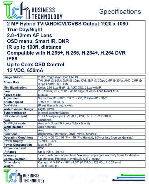 Cámara de Vigilancia Acegear CDTHD2812EZSFWH 2MP TVI/AHD/CVI/CVBS 2.8~12mm