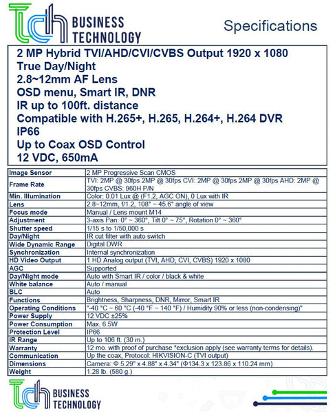 Cámara de Vigilancia Acegear CDTHD2812SFWH 2MP TVI/AHD/CVI/CVBS 2.8~12mm