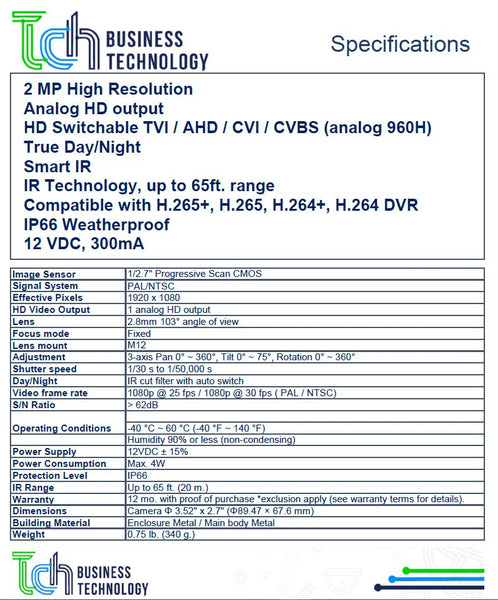 Cámara de Vigilancia Acegear CT7204IRMF 2MP HD-TVI / CVI / AHD / CVBS 2.8mm