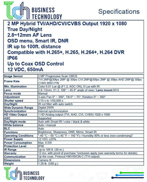 Cámara de Vigilancia Acegear CBTHD2812NSFWH 2MP TVI/AHD/CVI 2.8~12mm