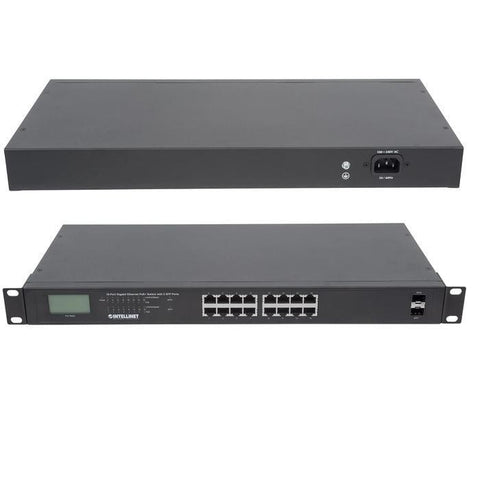 Conmutador PoE Gigabit Ethernet Intellinet de 16 puertos con 2 puertos SFP y pantalla LCD