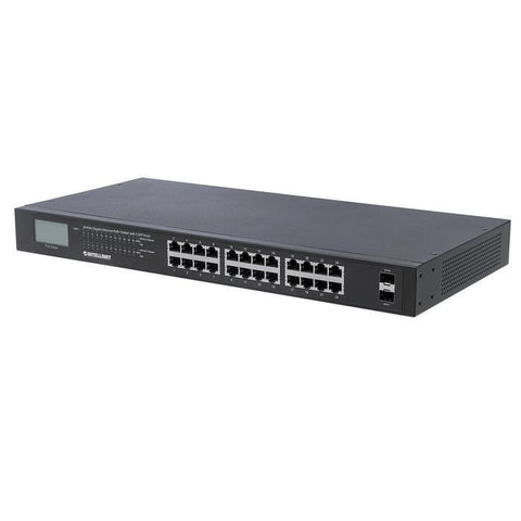 Conmutador PoE Gigabit Ethernet Intellinet de 24 puertos con 2 puertos SFP y pantalla LCD