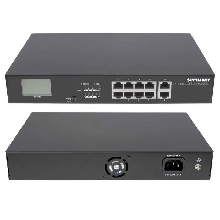 Intellinet 8-Port Gigabit Ethernet PoE Switch with 2 RJ45 Gigabit Uplink Ports and LCD Screen