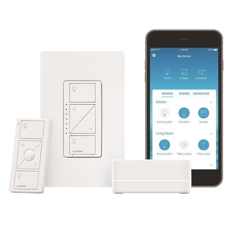 LUTRON P-BDG-PKG1W Caséta Wireless Smart Lighting Bridge Kit Wall Dimmer Switch Starter Kit - White